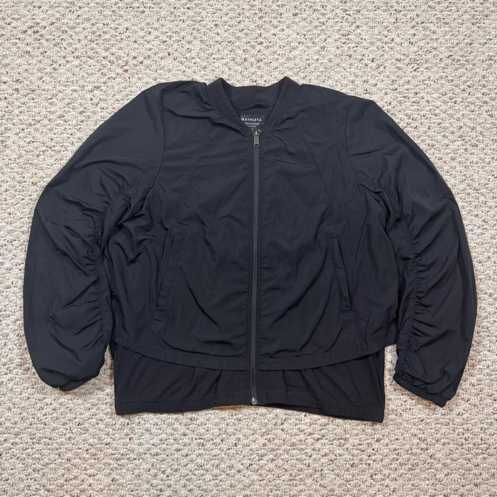 Athleta Womens Black Ruched Sleeve Full Zip Athletic Jacket XL Tall XL/T Bomber